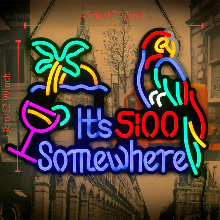 It's 5:00 Somewhere & Parrot LED Neon Sign - Indoor Bar Billboard & Open Shop Advert Sign