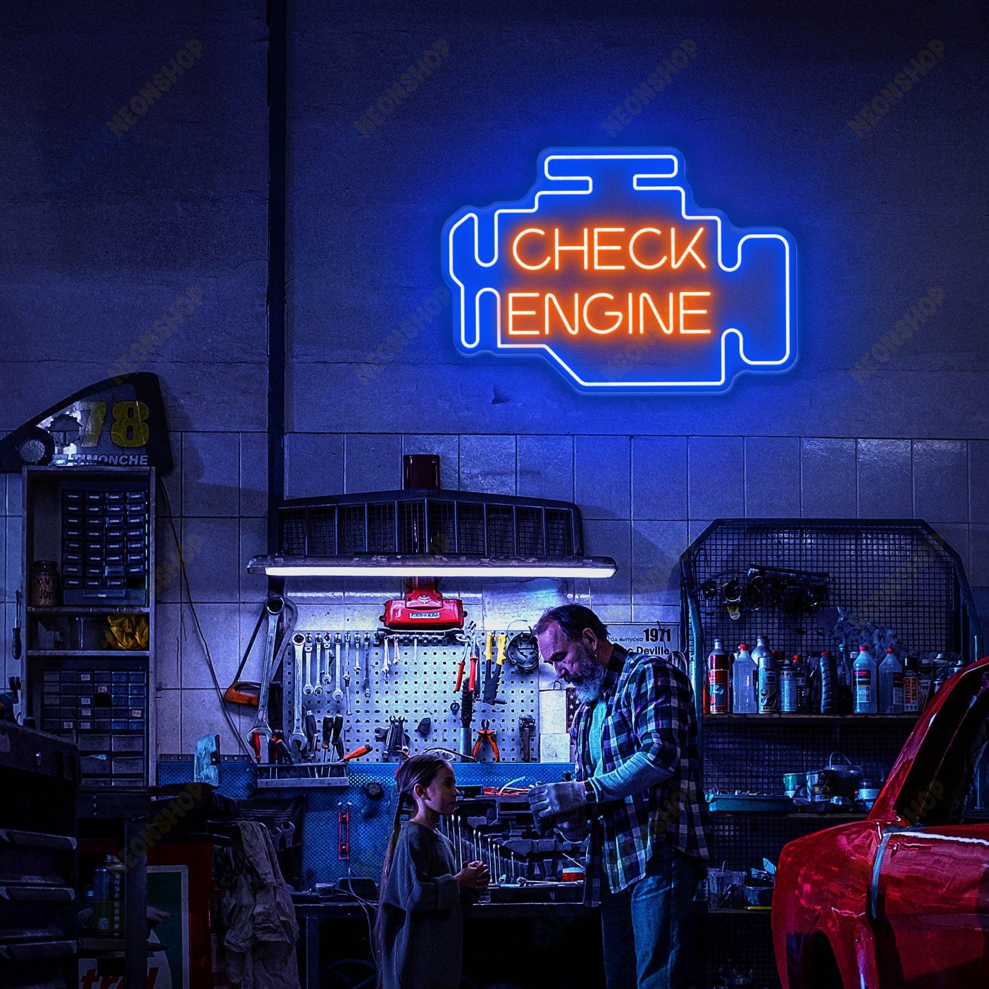 Check Engine Neon Sign, Auto Shop Signage