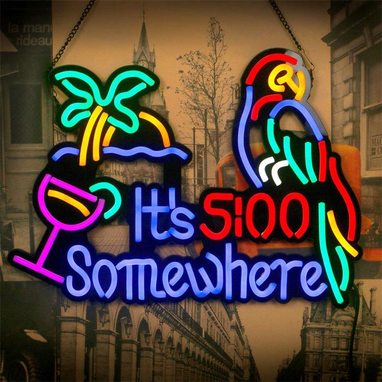 It's 5:00 Somewhere & Parrot LED Neon Sign - Indoor Bar Billboard & Open Shop Advert Sign