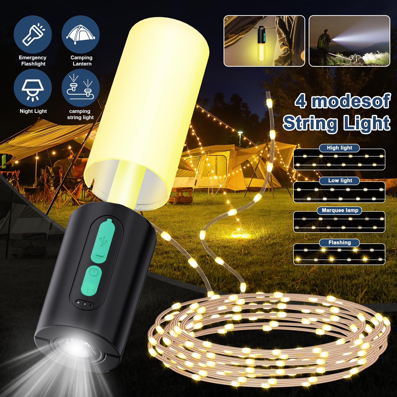 Camping String Lights,33Ft Light with Lanterns (4 in 1 Design)