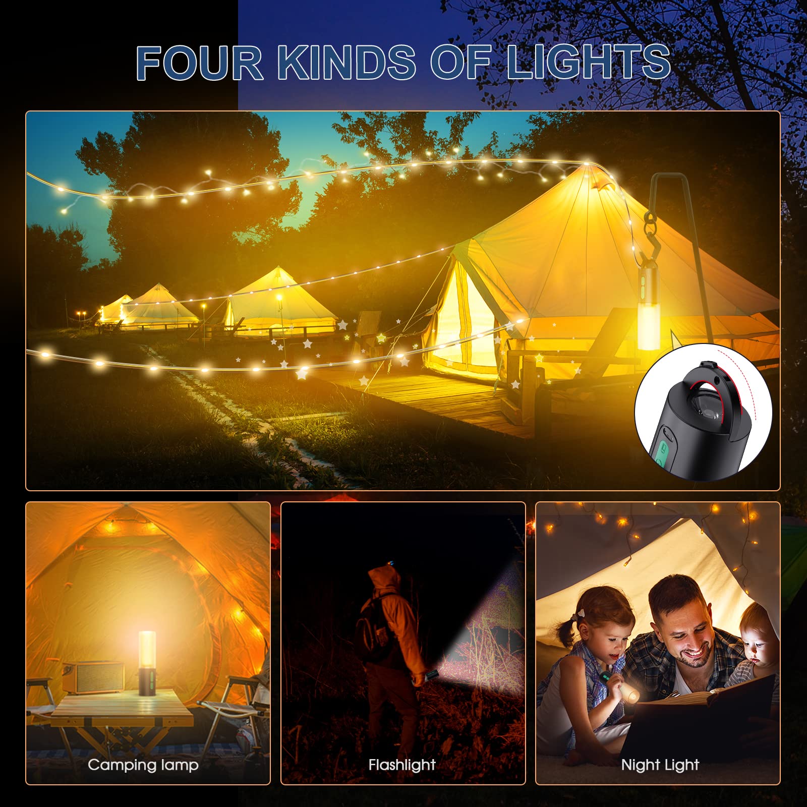 Camping String Lights,33Ft Light with Lanterns (4 in 1 Design)