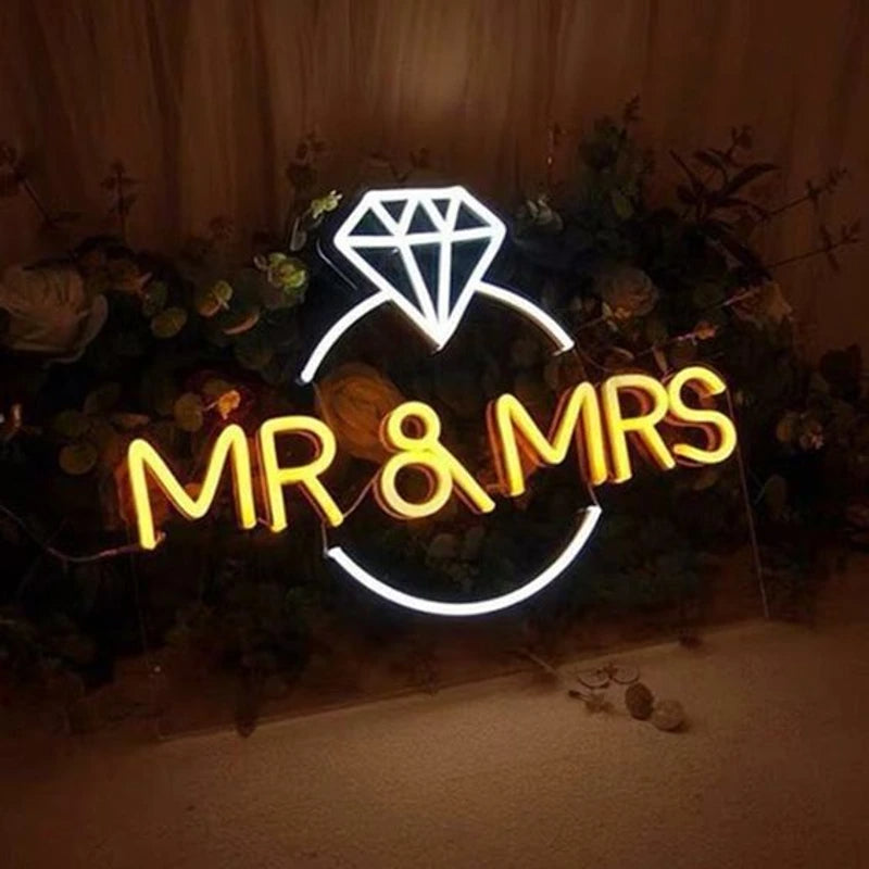 Custom Initials Diamond Ring Neon Sign For Wedding Party Valentine's Day